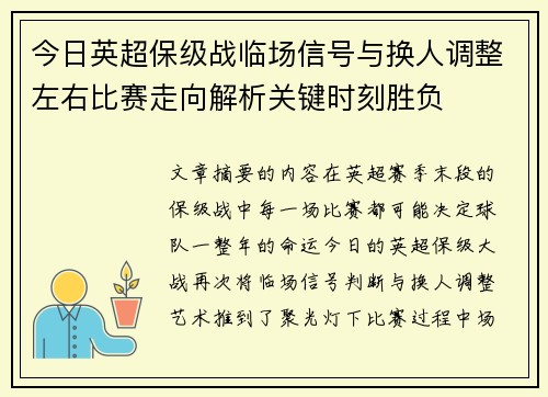 今日英超保级战临场信号与换人调整左右比赛走向解析关键时刻胜负 今日英超保级战临场信号与换人调整左右比赛走向解析关键时刻胜负